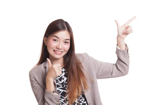 Young Asian woman point and thumbs up. — Stock Photo, Image