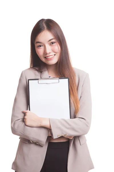 Young Asian business woman hold clipboard. — Stock Photo, Image
