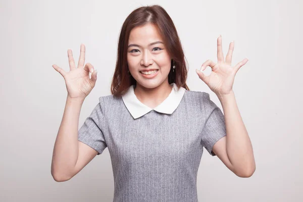 Asian woman show double OK hand sign  and smile. — Stock Photo, Image