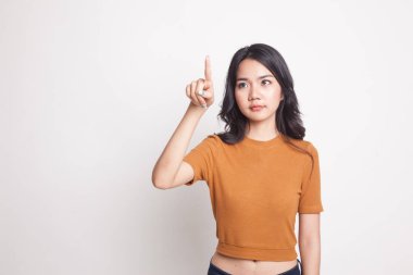 Asyalı kadın parmak ile ekranın dokunmadan.