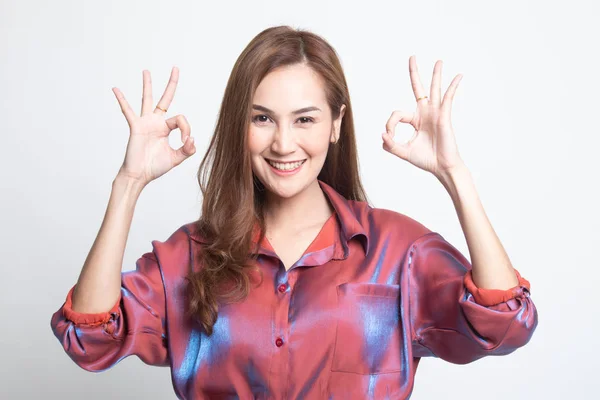 Asian woman show double OK hand sign  and smile. — Stock Photo, Image