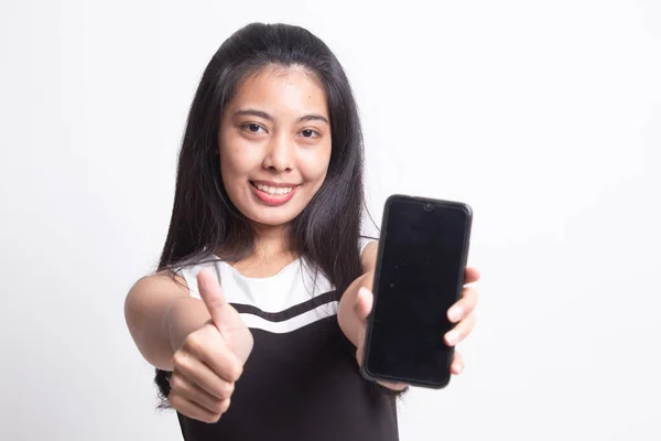 Young Asian woman show thumb up  with mobile phone. — Stock Photo, Image