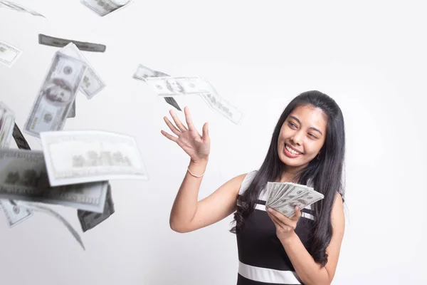 Retrato de muy feliz joven asiático mujer tirar dinero prohibición —  Fotos de Stock