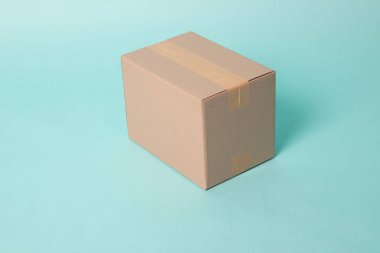 Closed cardboard box taped up ready to delivery