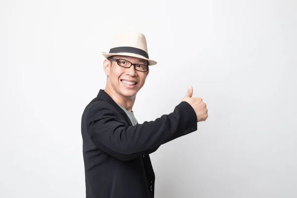 Взрослый Азиатский Мужчина Повернуть Назад Большие Пальцы Вверх Белом Фоне — стоковое фото