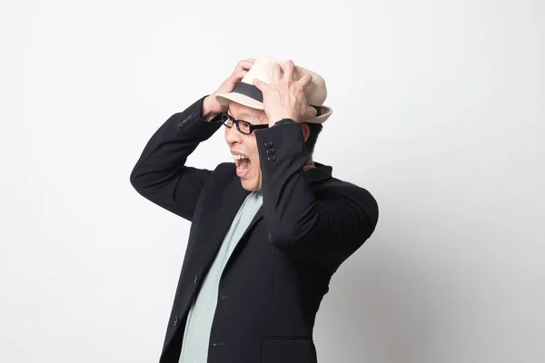 Stressed Adult Asian Man Scream Out White Background — Stock Photo, Image