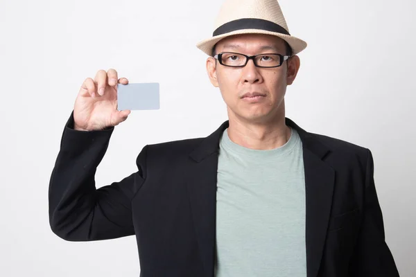 Adulte Asiatique Homme Avec Une Carte Blanche Sur Fond Blanc — Photo