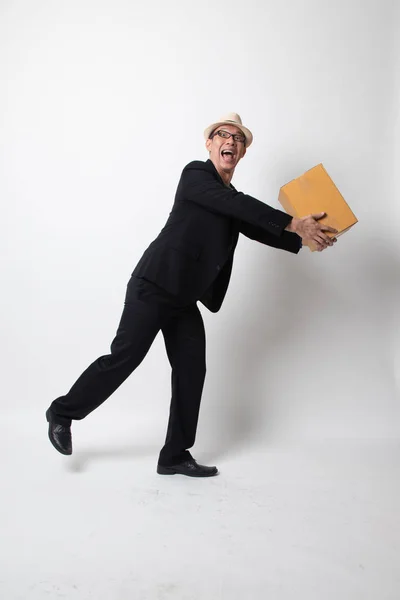 Delivery Relocation Unpacking Adult Asian Man Holding Cardboard Box White — Stock Photo, Image