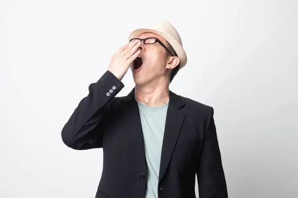 Ospalý Dospělý Asijský Muž Zívnout Bílém Pozadí — Stock fotografie
