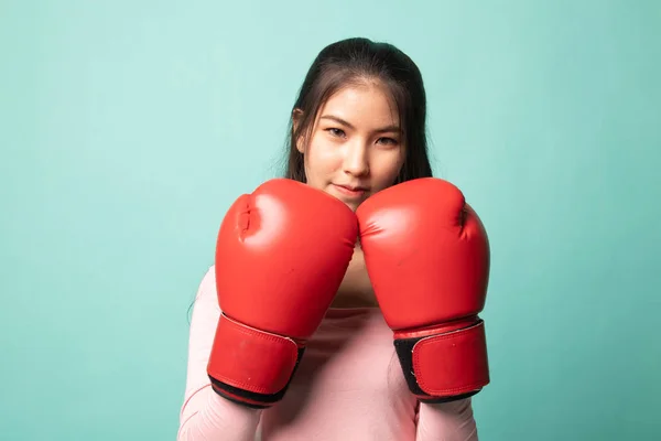 Young Asian Woman Red Boxing Gloves Cyan Background — Stock Photo, Image