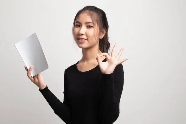 Young Asian Woman Show Book White Background — Stock Photo, Image