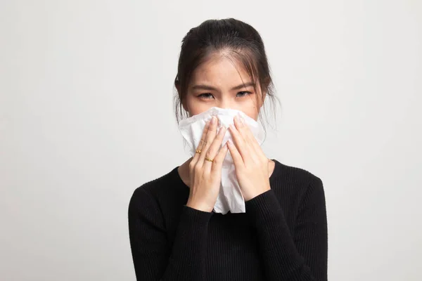 Young Asian woman got sick and flu on white background