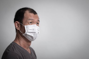 Grip virüsünü önlemek için cerrahi maske takan Asyalı adam ve beyaz arka planda Pm2.5 toz bulutu hava kirliliği