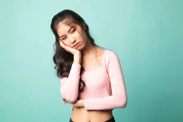 Hermosa Joven Asiática Mujer Llegar Aburrido Cyan Fondo —  Fotos de Stock
