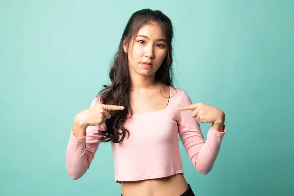 Ung Asiatisk Kvinna Pekar Sig Själv Fråga Varför Jag Cyan — Stockfoto