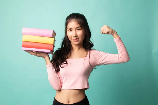 Giovane Donna Asiatica Che Studia Con Maggio Libri Sfondo Ciano — Foto Stock