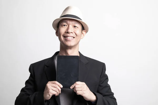 Adulte Asiatique Homme Avec Ordinateur Tablette Sur Fond Blanc — Photo