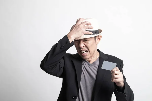 Adulto Asiático Homem Dor Cabeça Com Cartão Branco Fundo Branco — Fotografia de Stock