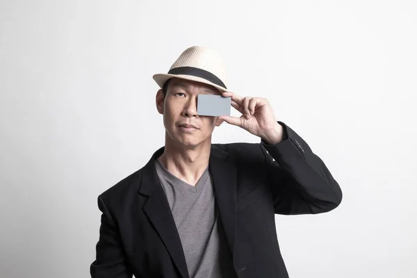 Adulte Asiatique Homme Avec Carte Blanche Sur Son Oeil Sur — Photo