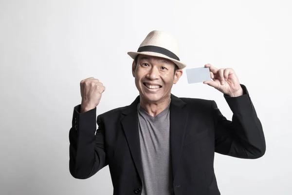 Ενηλίκων Asian Man Fist Pump Λευκή Κάρτα Λευκό Φόντο — Φωτογραφία Αρχείου