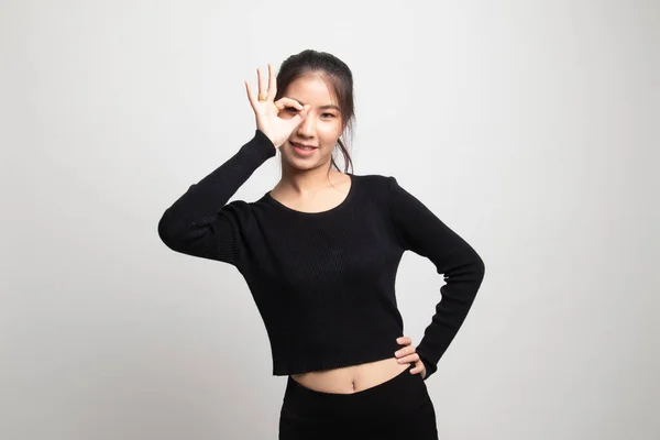 Mooie Jonge Aziatische Vrouw Toon Bord Boven Haar Oog Witte — Stockfoto