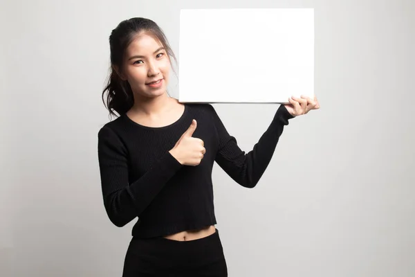 Jovem Mulher Asiática Mostrar Polegares Para Cima Com Branco Sinal — Fotografia de Stock