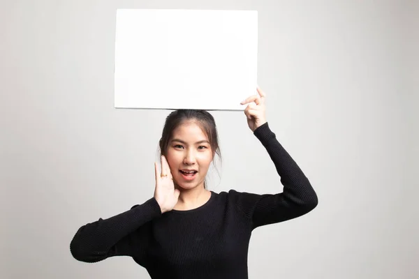 Young Asian Woman Surprise White Blank Sign White Background — Stock Photo, Image