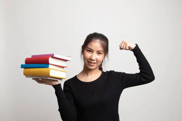 Junge Asiatische Frau Studiert Mit Mai Bücher Auf Weißem Hintergrund — Stockfoto