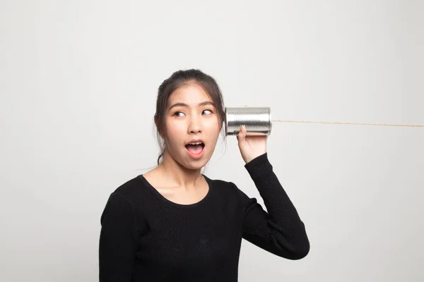 Surprised Young Asian Woman Tin Can Phone White Background — Stock Photo, Image