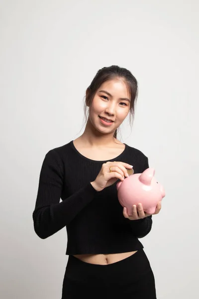 Asian Woman Coin Pig Coin Bank White Background — Stock Photo, Image