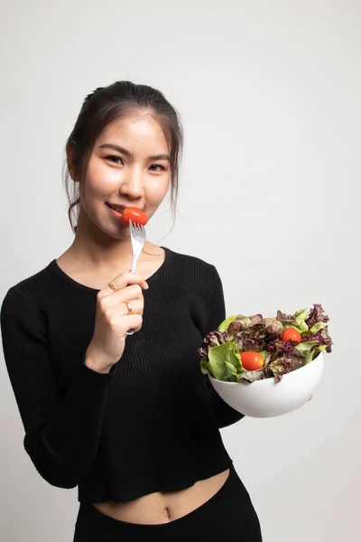Healthy Asian Woman Salad White Background — Stock Photo, Image