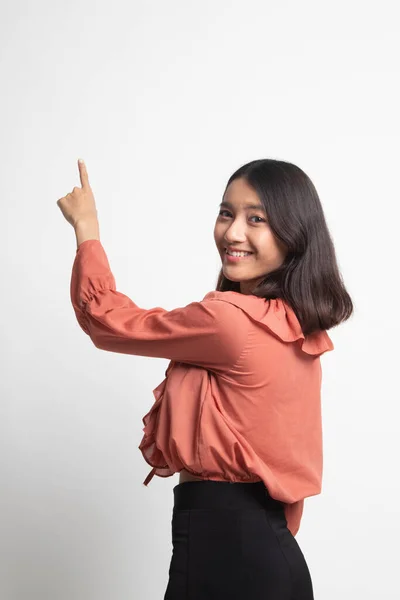 Parte Posterior Mujer Asiática Tocando Pantalla Con Dedo Sobre Fondo — Foto de Stock