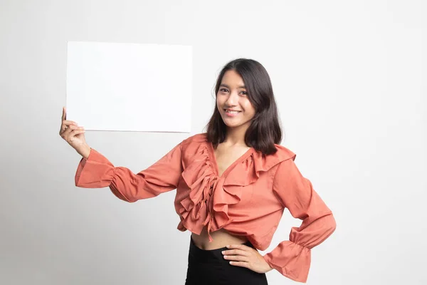 Giovane Donna Asiatica Con Bianco Segno Bianco Sfondo Bianco — Foto Stock