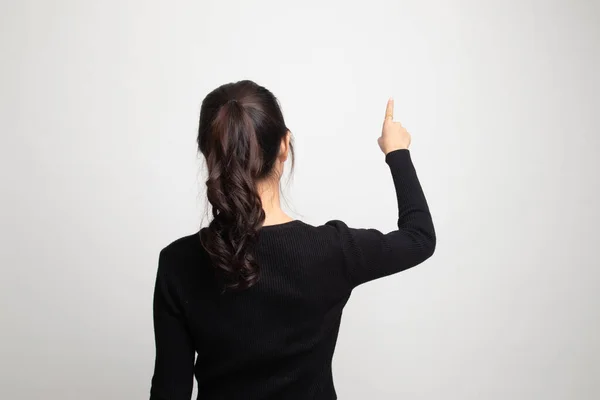 Back Asian Woman Touching Screen Her Finger White Background — Stock Photo, Image