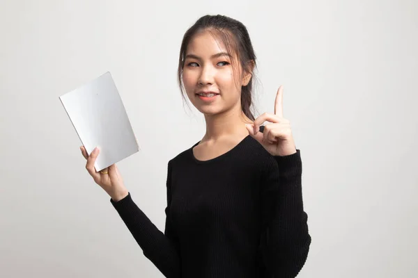 Young Asian Woman Book Have Idea White Background — Stock Photo, Image