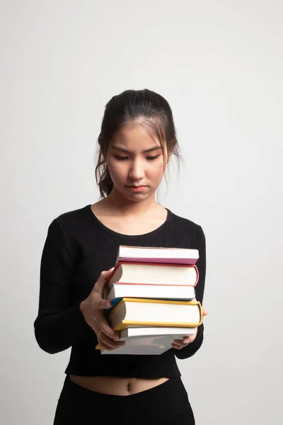 Infeliz Joven Asiática Mujer Estudiar Con Mayo Libros Sobre Blanco — Foto de Stock