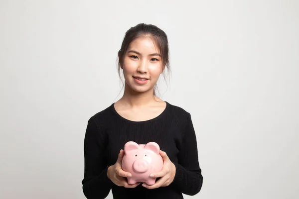 Young Asian Woman Pig Coin Bank White Background — Stock Photo, Image