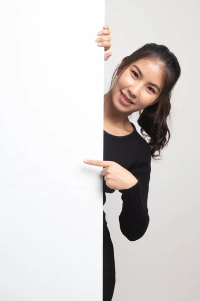 Young Asian Woman Point Blank Sign White Background — Stock Photo, Image