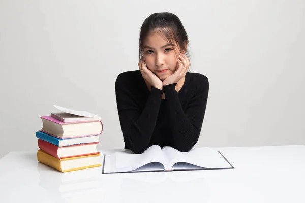 Young Asian Woman Read Book Books Table White Background — Stock Photo, Image