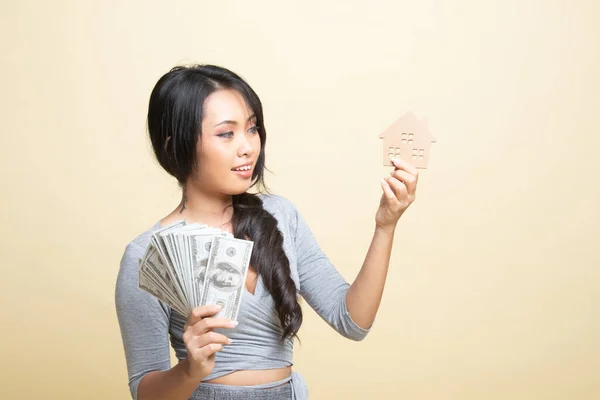 Happy Young Asian Woman House Model Bunch Money Banknotes Beige — Stock Photo, Image