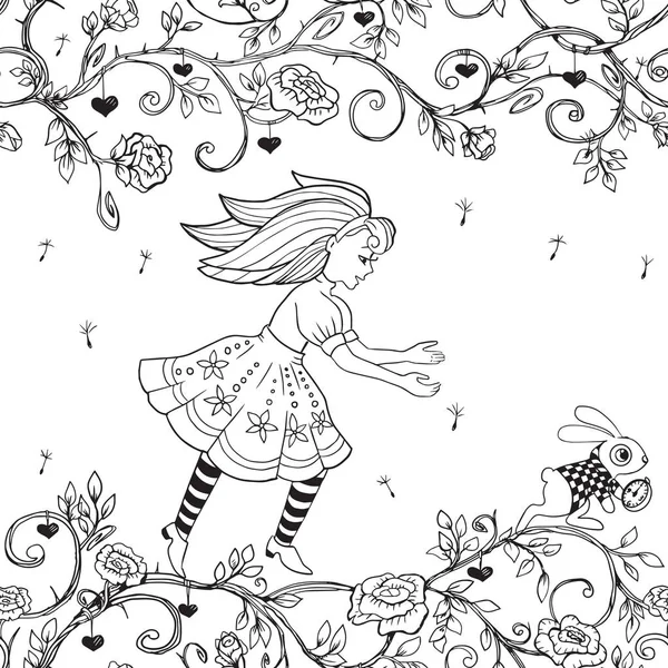 Безшовний контурний малюнок. Аліса в Країні Чудес. розмальовка — стоковий вектор