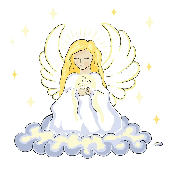 Bonito bela mulher anjo loira orando sentado em uma nuvem e segurando uma cruz — Vetor de Stock