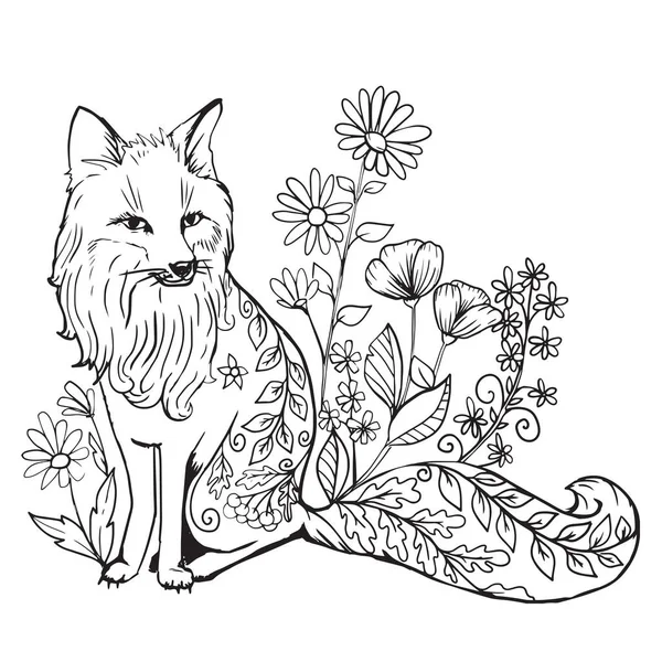Anti-Stress-Malbuch mit einem Fuchs auf einer Blumenwiese — Stockvektor