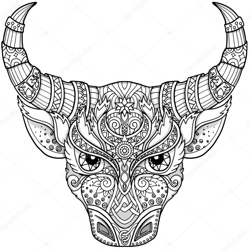 antistress coloring book with a decorated bull. Art therapy for children and adults. Beautiful bull, symbol of 2021 . coloring book in the style of Zen art. stock vector image. isolated image.