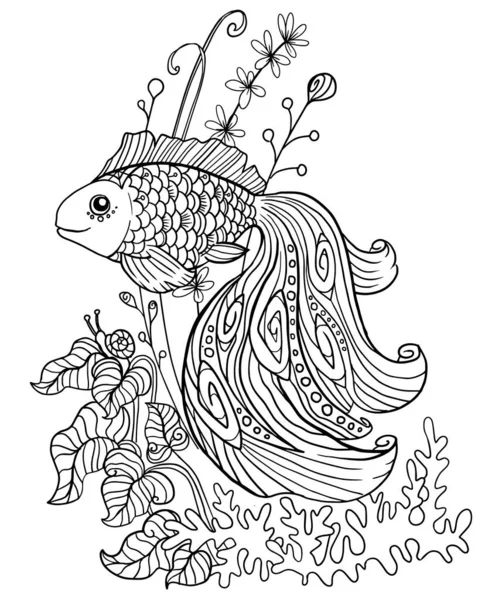 Розмальовка з золотою рибою в акваріумі — стоковий вектор