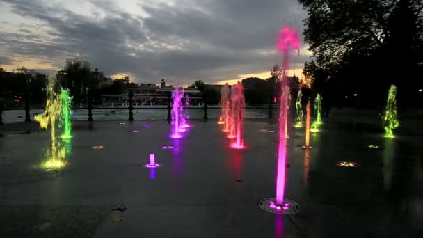 Fontana illuminata con colori arcobaleno — Video Stock