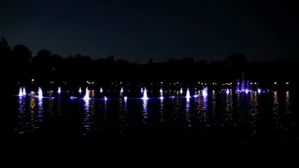 Kleurrijke fonteinen bij nacht — Stockvideo