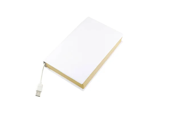 Livro em branco com conector USB macho branco — Fotografia de Stock