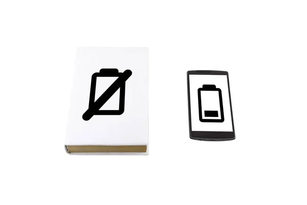 Boek vs telefoon. Batterij leven concept. — Stockfoto