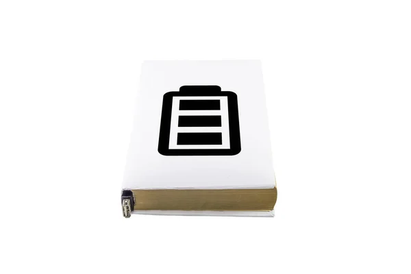 Beyaz kitap kapak ve pil sembolü — Stok fotoğraf